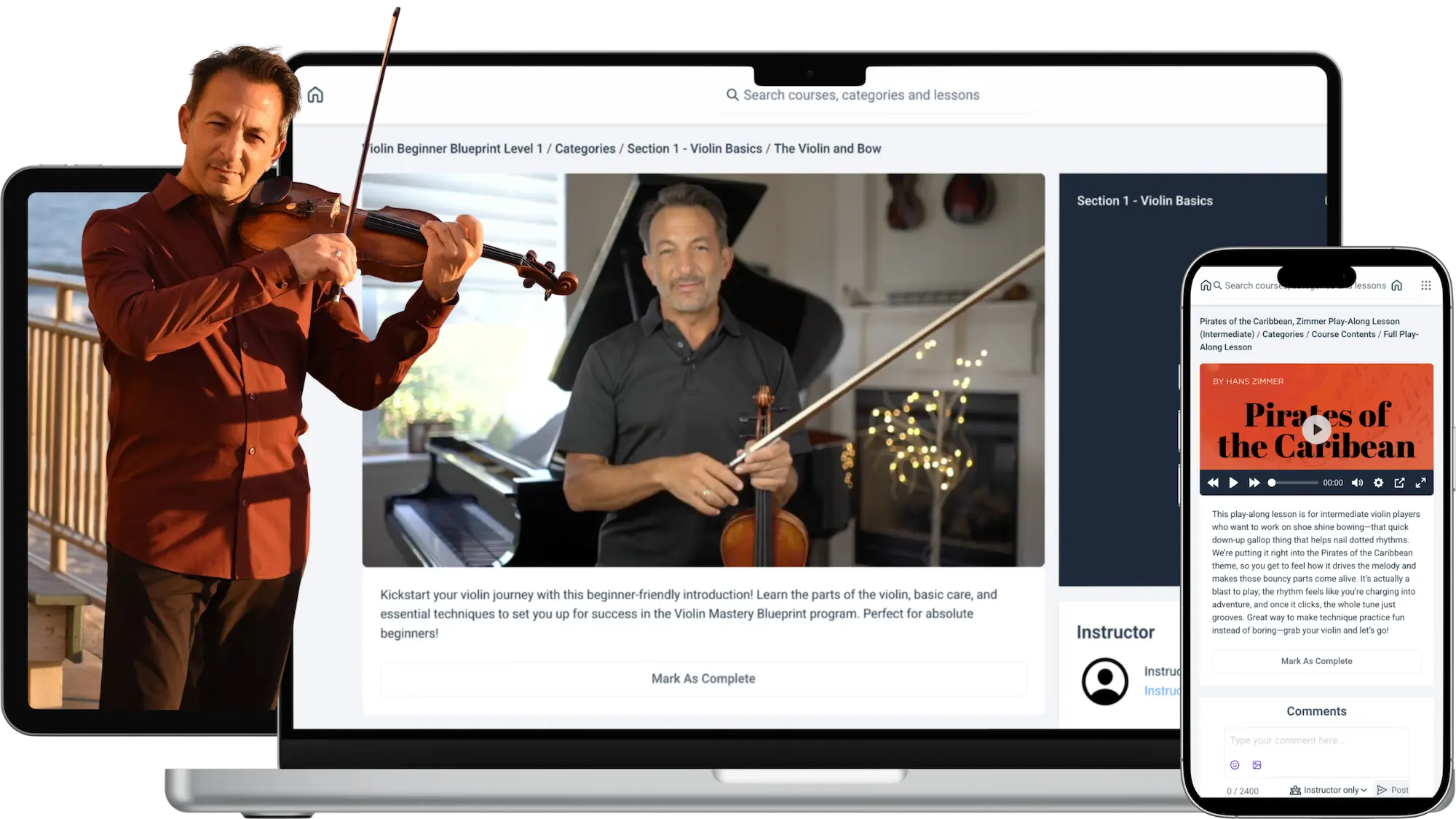 Richard playing violin alongside a Membership lesson on a laptop and a play-along lesson on a phone
